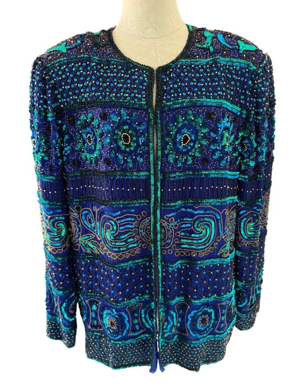 Scala Womens Hand-beaded And Sequined Evening Jacket Size XL Blue Silk Vintage